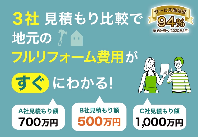3社一括見積もり比較で地元のフルリフォーム費用がすぐにわかる！ サービス満足度 94%