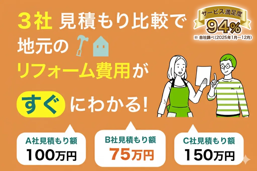 ３社見積もり比較で地元のリフォーム費用がすぐにわかる！ サービス満足度94%