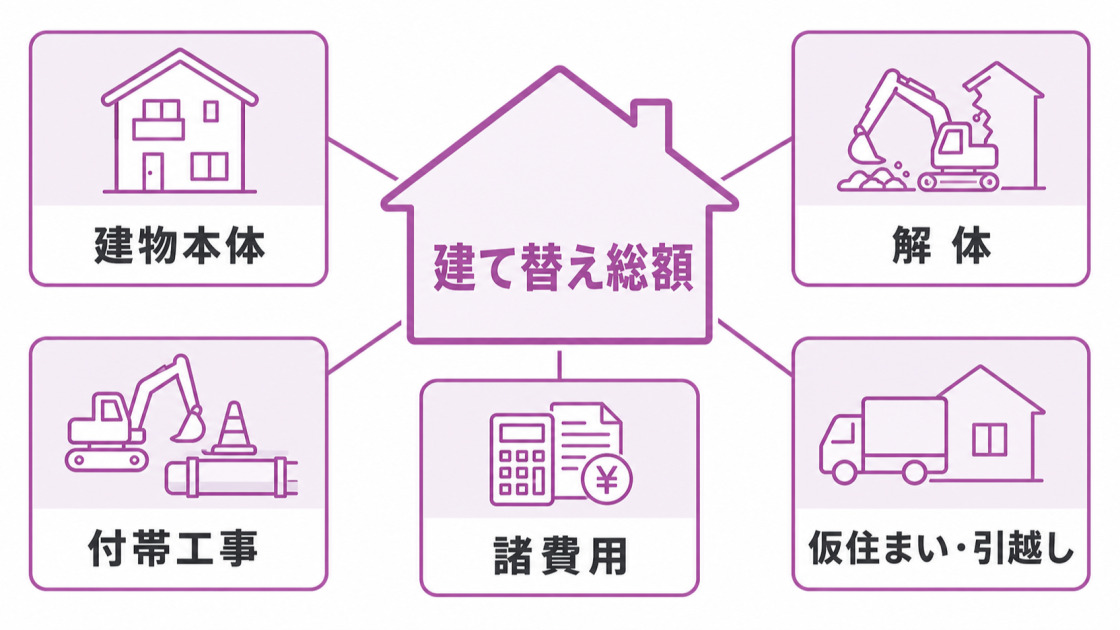 建て替え総額を建物本体・解体・付帯工事・諸費用・仮住まいと引越しの5項目に分けた図解
